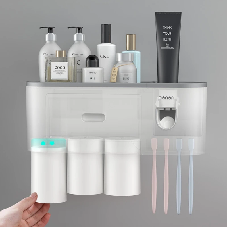 Toothbrush Holder Double Automatic Toothpaste Dispenser Magnetic Adsorption Inverted Cup Storage Rack Bathroom Accessories