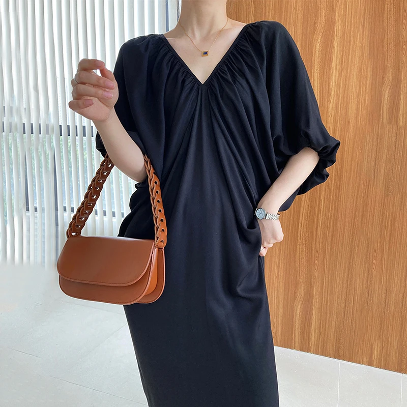 Schicker V-Ne Plissee Loose Batwing Sve Dr Korean Sle Commute ort Sve Long Dr Sommersaison Reine Farbe