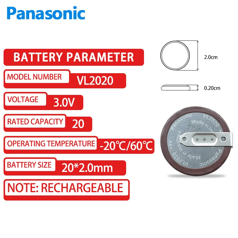 파나소닉 충전식 버튼 리튬 배터리, ML2020, VL2020, 3V 배터리, BMW E46 E60 E90 accu FOB F1 Fobs 키 90 도