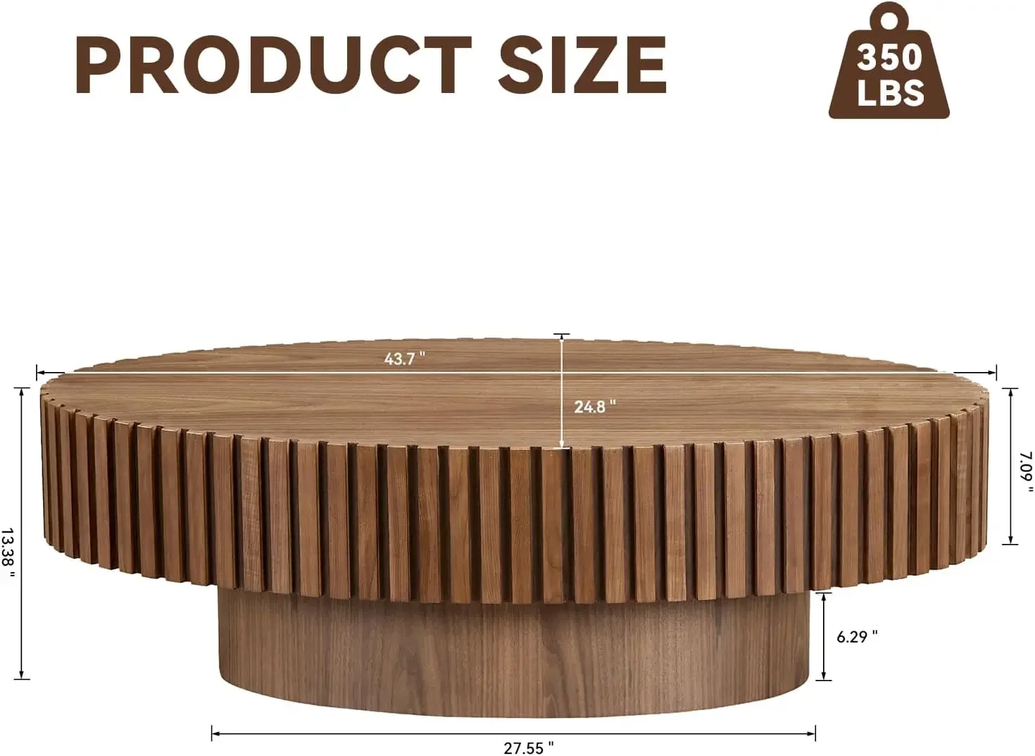 43.7''Oval Drum Coffee Table Handcrafted Relief Sturdy Pedestal Wooden Olive-Shaped Tea Table for Living Room,Walnut