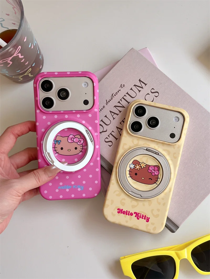 Pink Polka Dot Cat Phone Case With 360°  Ring Stand  For iPhone 17 16 15 Pro Max Cute Shockproof Soft Cover Shell