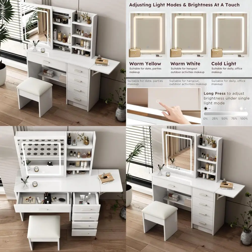 illuminated vanity desk with mirror, makeup table with storage, bedroom furniture in 3 colors