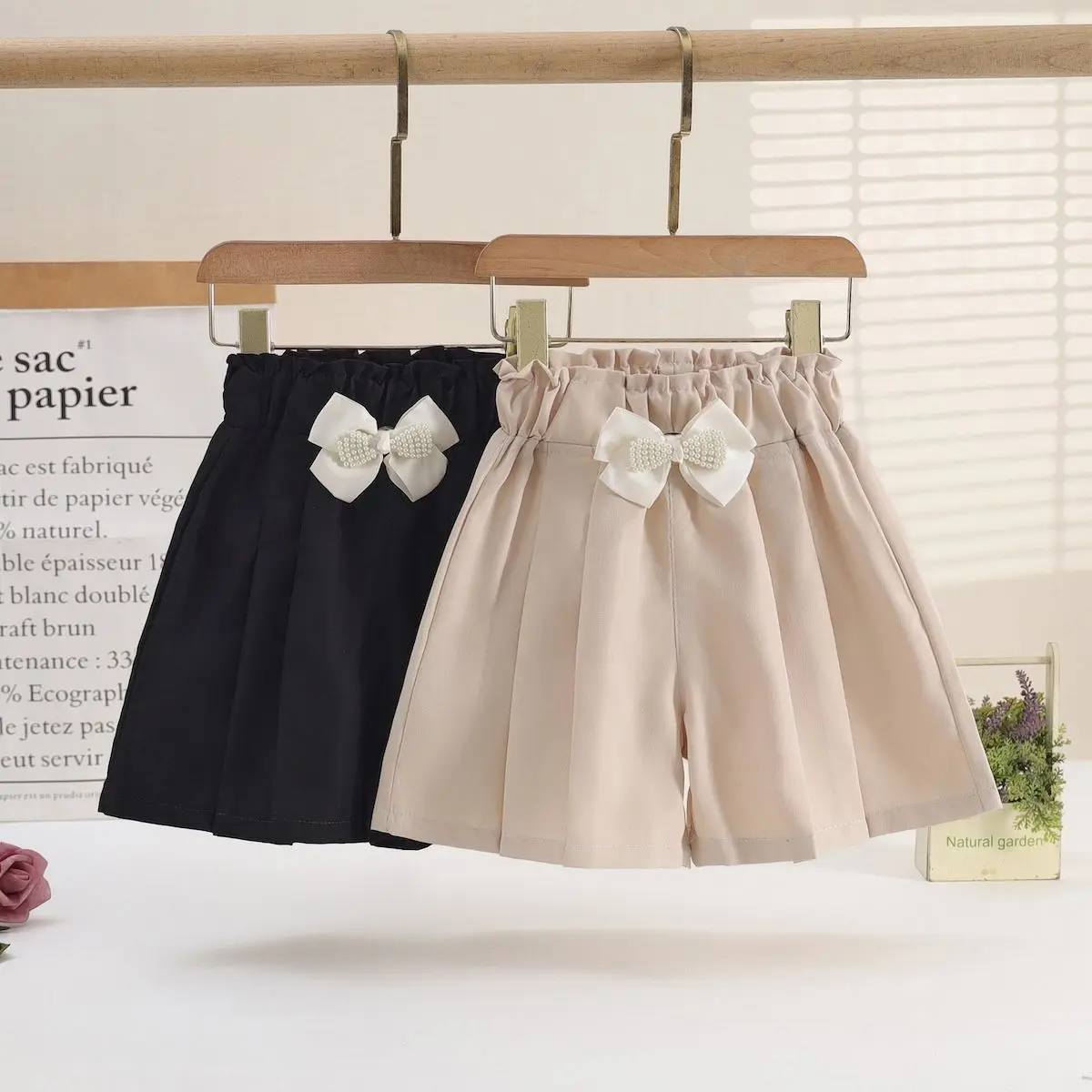 2026 Summer Girls Skirt-Pants Thin Shorts Childrens Wide-Leg Loose Style with Bow Casual Fashionable Versatile for Girls