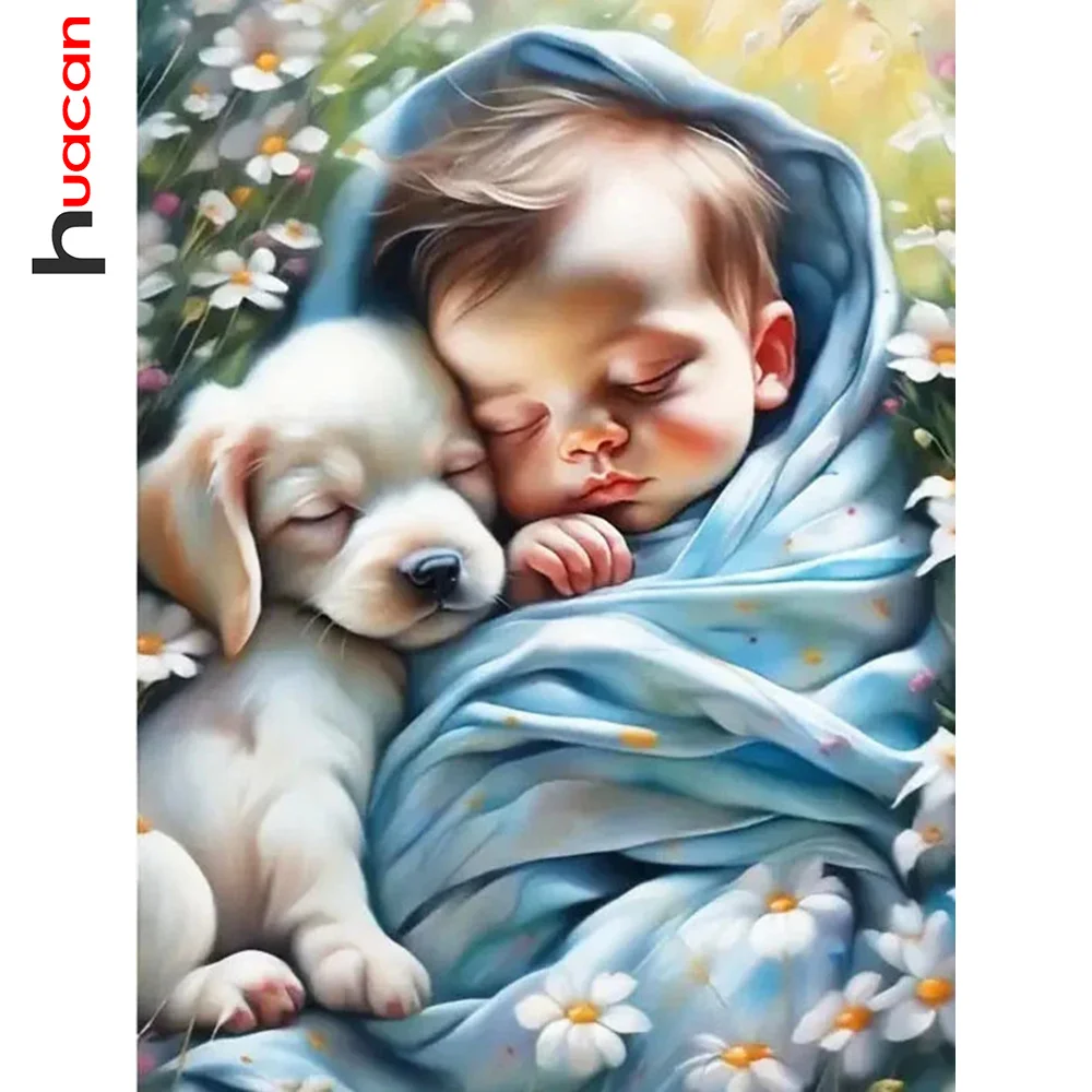 Huacan Diy Diamond Painting Portrait Baby Full Drill Mosaic Animal Dog Embroidery Flower Art Wall Decoration Handmade Gift