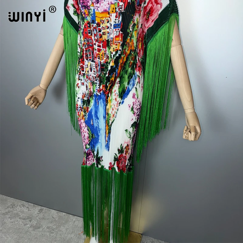 WINYI été plissé frangé maxi robe femmes froissé conception ample boho robe vacances mode robe de soirée abaya dubaï luxe