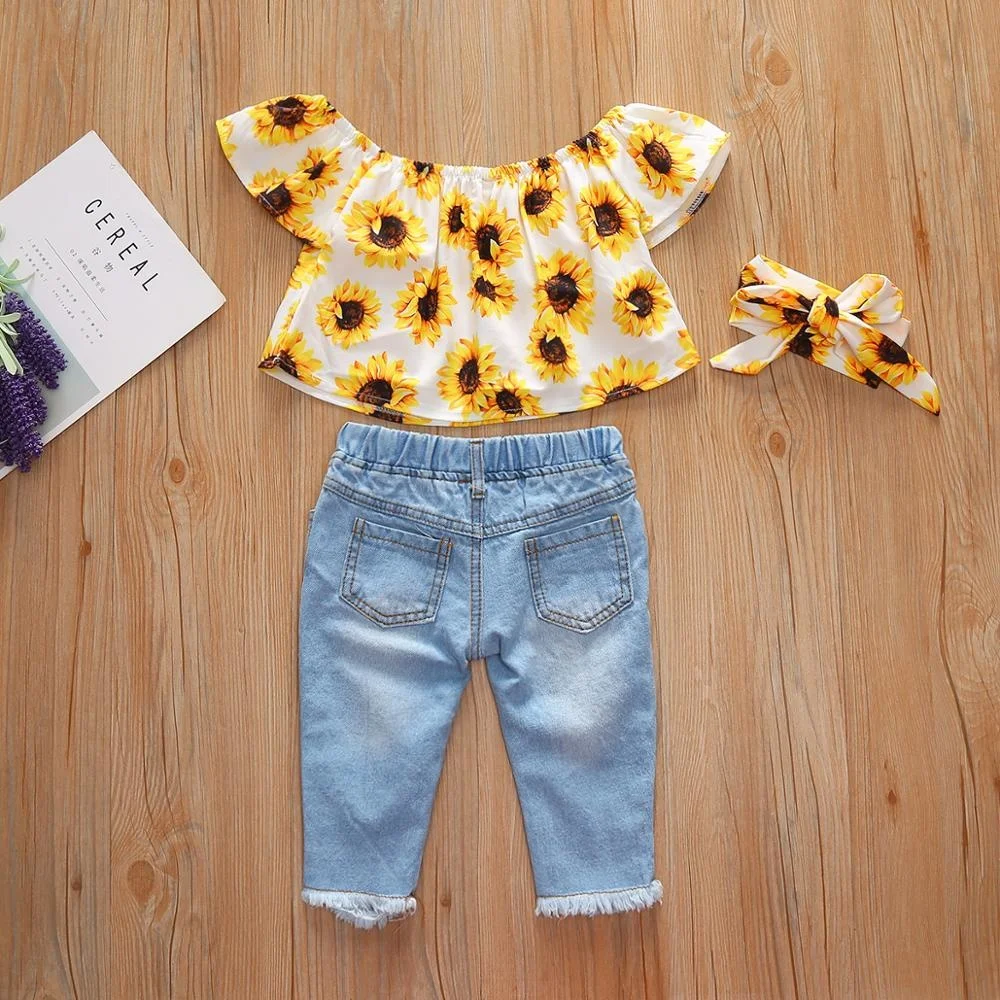 Fashion Summer Kids Clothing Set Baby Girl Off Shoulder Tops Girls Sunflower Shirt Ripped Denim Jeans 3Pcs Outfits