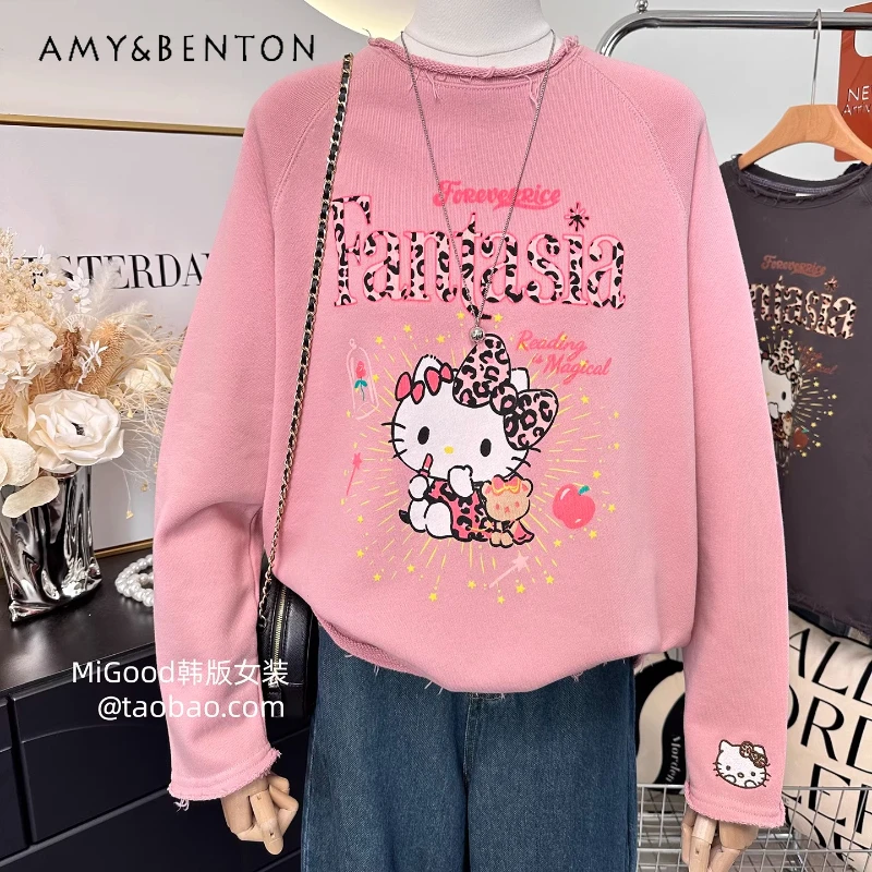 

Rolled Hem Design Fashionable Leopard Print Letter Cartoon Sweatshirt Loose Terry Cotton Pullover Long-sleeves Kawaii Hoodies