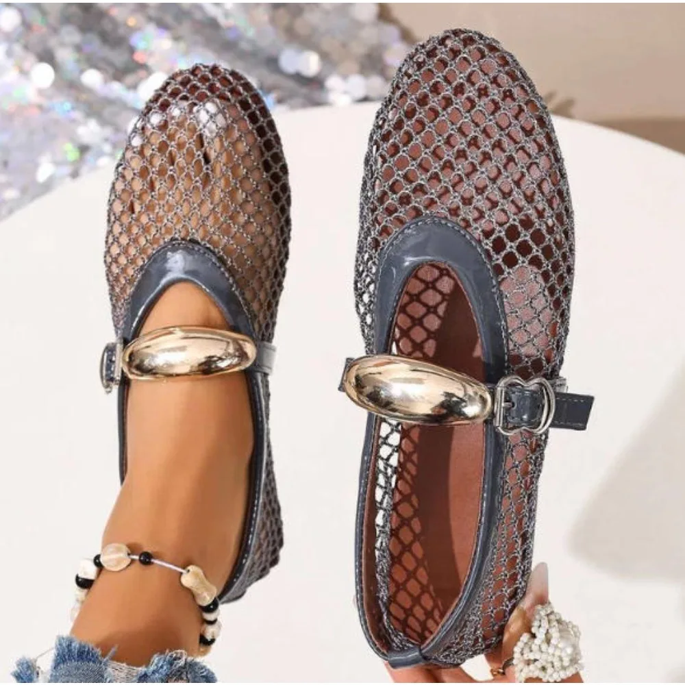 In Summer Wear Round Toe Straight Buckles Casual and Comfortable Women's Flats Cut-out Mary Jane Single Shoes Fishnet Shoes