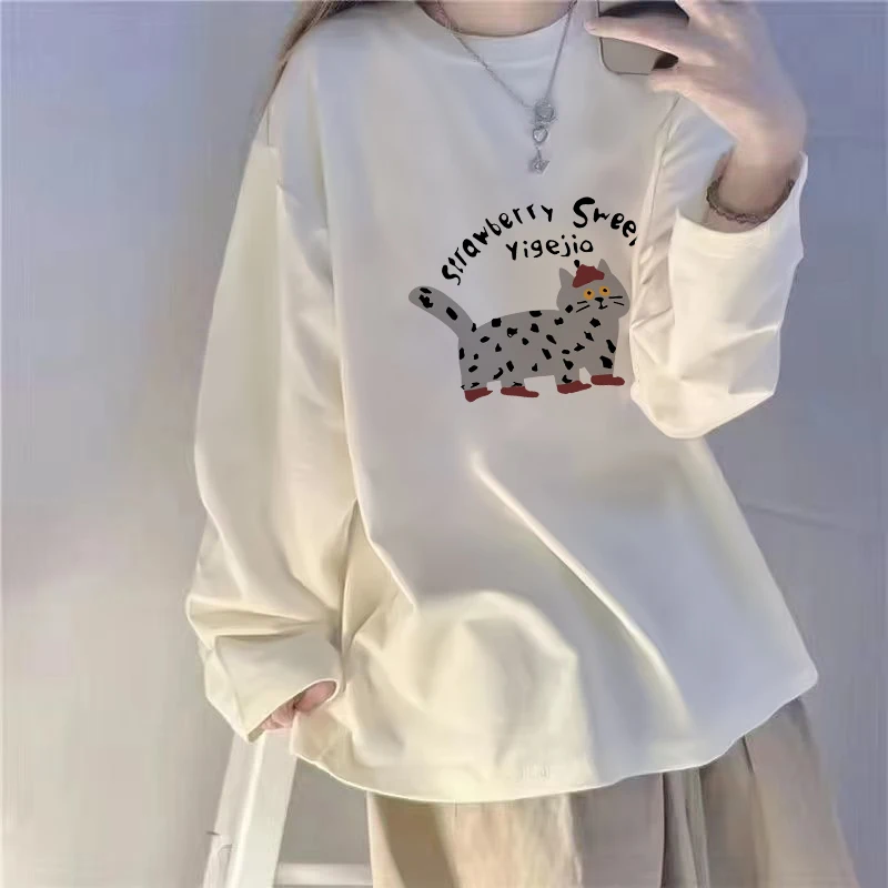 

Plus Size Printed Cotton Long Sleeve Tee Women's Casual Summer Autumn Base Layer Top Loose O-Neck High Quality T-shirt