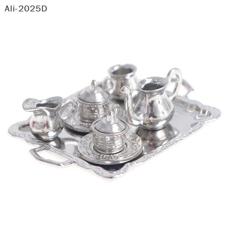 

10pcs 1/12 Dollhouse Miniature Silver Metal Tea Coffee Tray Tableware Set