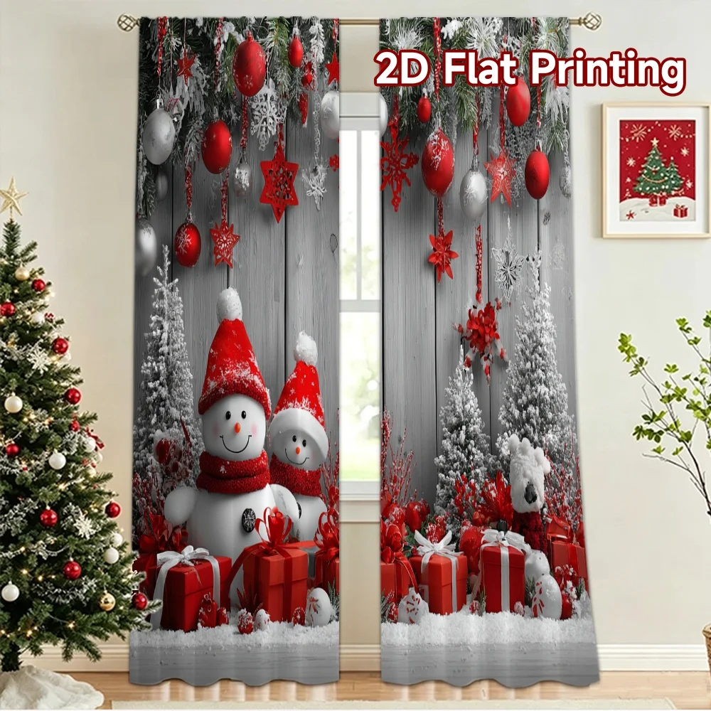 2D flat 2pcs Curtain Retro Country Style Christmas Snowmen Gifts Durable polyester fiber Festive Holiday Perfect for Holiday