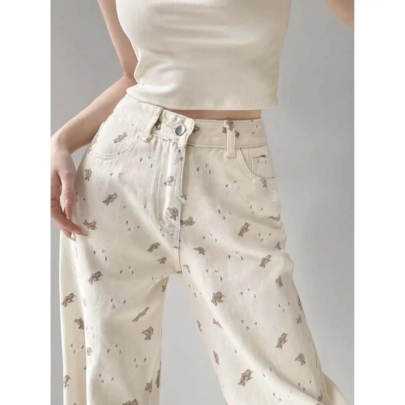 Women's Loose Fresh Sweet Style High Waist Bear Print Denim Jeans Straight Leg Pants Micro Elastic Wide Leg Trousers
