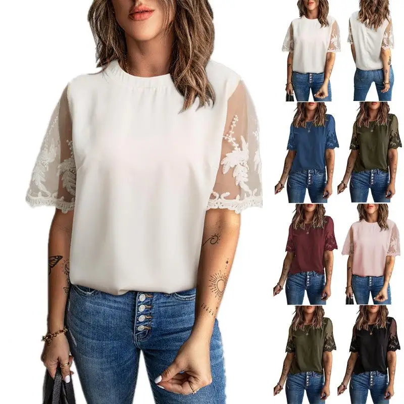 

Lace Top ort Sved irt Women's Loose Fit Polyester Cotton Blend Spring Faion Casual Wear Pure Color Splice Design