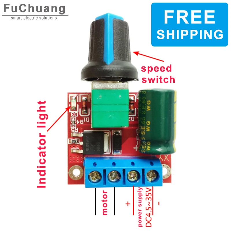 5A 90W PWM DC Motor Speed Controller Module 6V 12V 24V Stepless Speed Control Switch 4.5V-35V Adjustable Governor