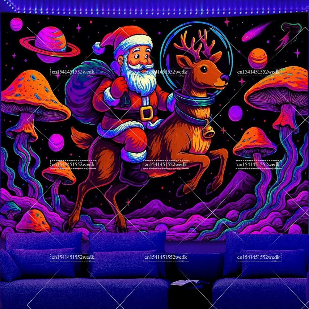 Christmas Santa Dinosaur Blacklight Tapestry Glow In The Dark UV Reactive Space Neon Tapestrys Aesthetic Fluorescent Backdrops