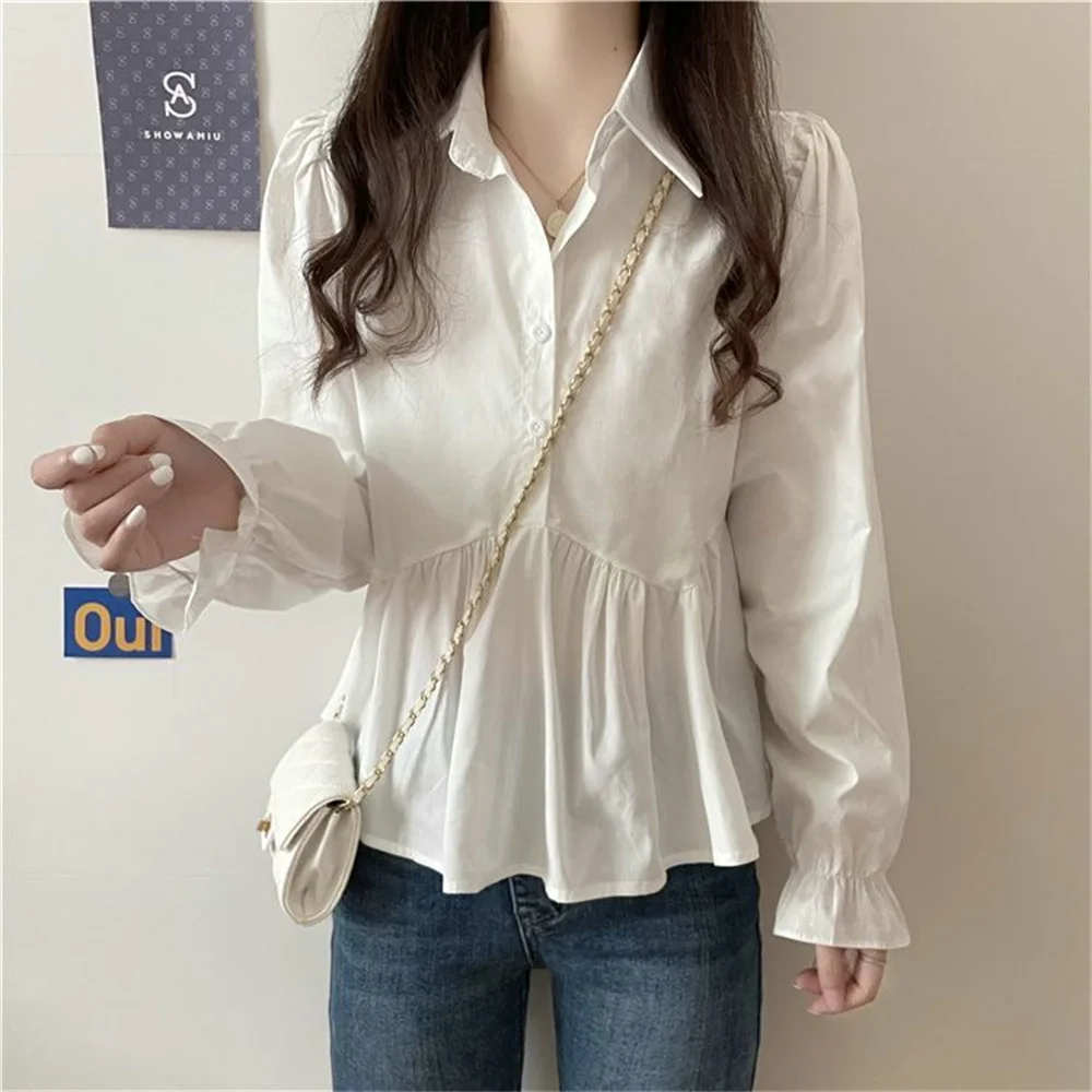 Kemeja Sifon Wanita Elegan Blus Korea Kantor Renda Jaring Lengan Panjang Ruffle V NeckTops Kasual Antik Pullover Blus 2023