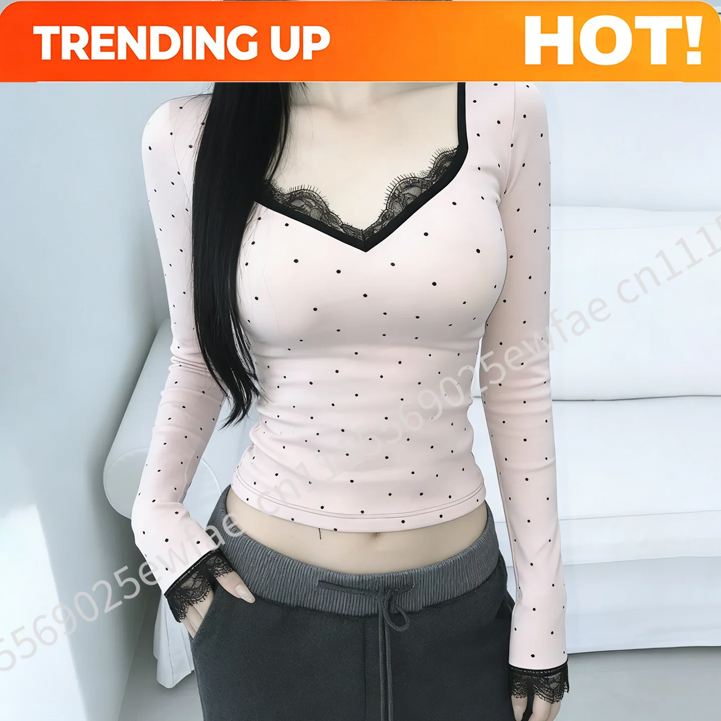 Blusa de Manga Larga con Cuello en V y Parches de Encaje con Estampado de Lunares para Mujer, Estilo Coreano, Informal, Combinable con Todo, Estilo Coquette