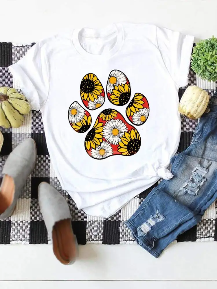 

Женская футболка с коротким рукавом, летняя Базовая футболка с принтом цветочных лап, собак, кошек, животных