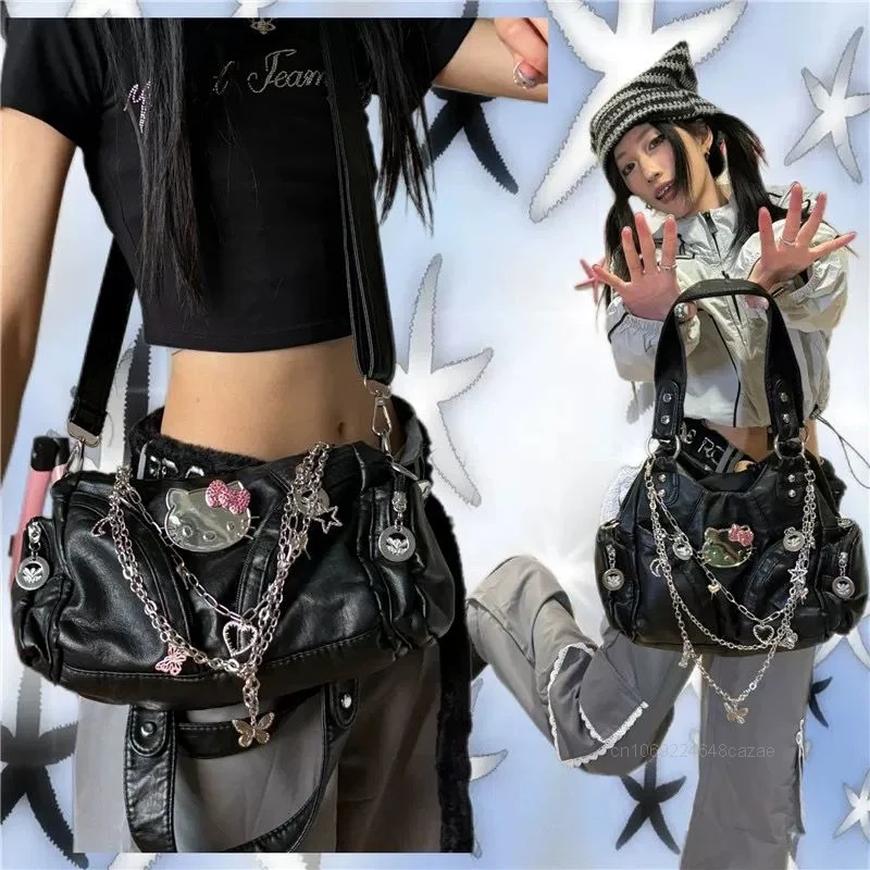 Sanrio Hello Kitty Y2K Spicy Girl Niche Design Handbag Korean Version Fashion Shoulder Bag Subculture Gothic Style Crossbody Bag