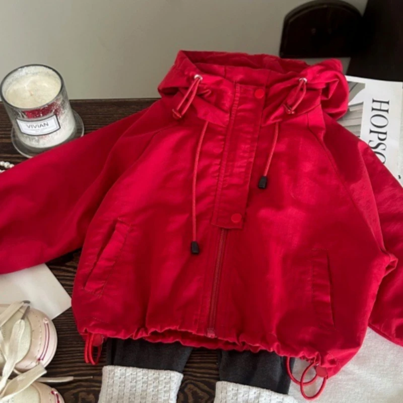2026 Spring Autumn New Korean Style Girls Red Hooded Windbreaker Jacket With Pockets Casual Kids Outerwear