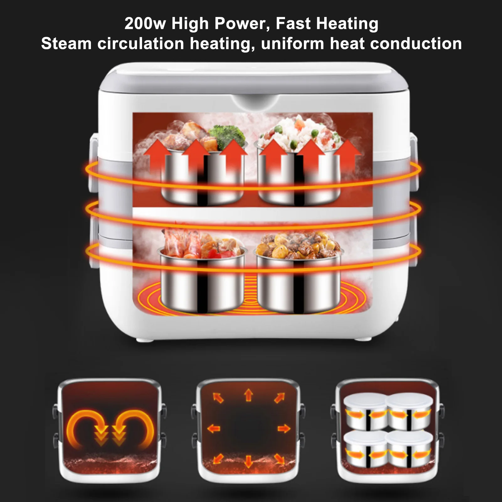 Portable Electric Lunch Box 200W Rapid Heating Stainless Steel 4-Compartment Food Warmer with Auto Shut off for Work And Travel