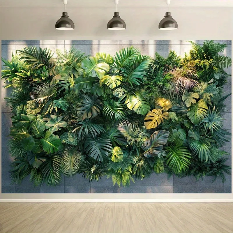 1 لافتة خلفية الغابة الاستوائية مع أوراق خضراء مميزة وتصميم أوراق حية - مناسبة لأعياد الميلاد والعطلات والحفلات