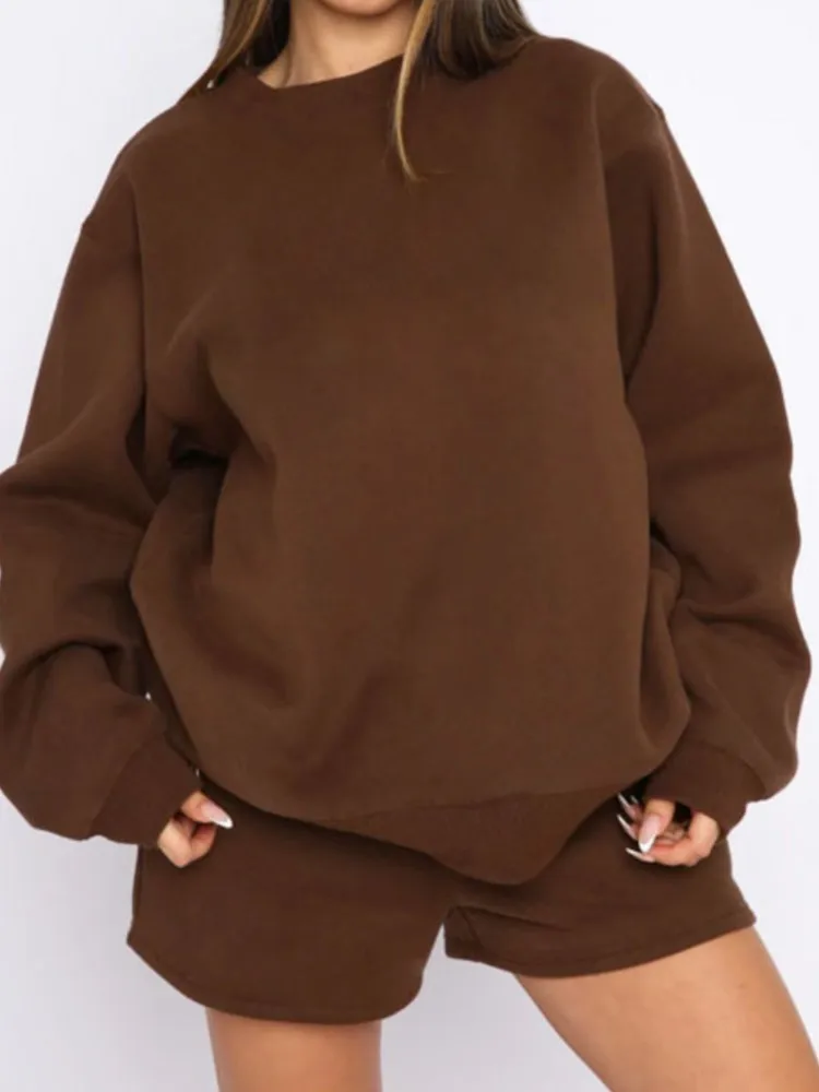Dame Fashion Solid Sport Set Casual O Hals Langarm Pullover Lose Top Und Shorts Zwei Stück Sets Für Frauen Frühling Herbst Neue
