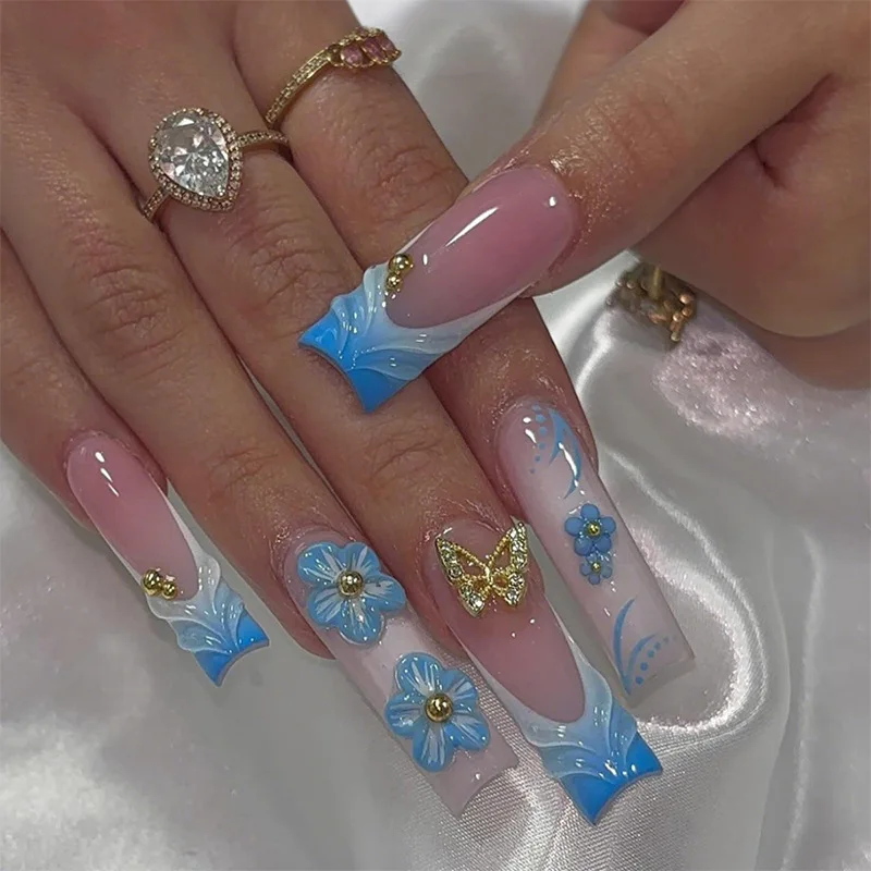 

24Pcs Long Blue Coffin False Nails Five-petal Flower Bow Nail Set with 3D Metallic Shiny Butterfly Reusable Full Cover Press Ons