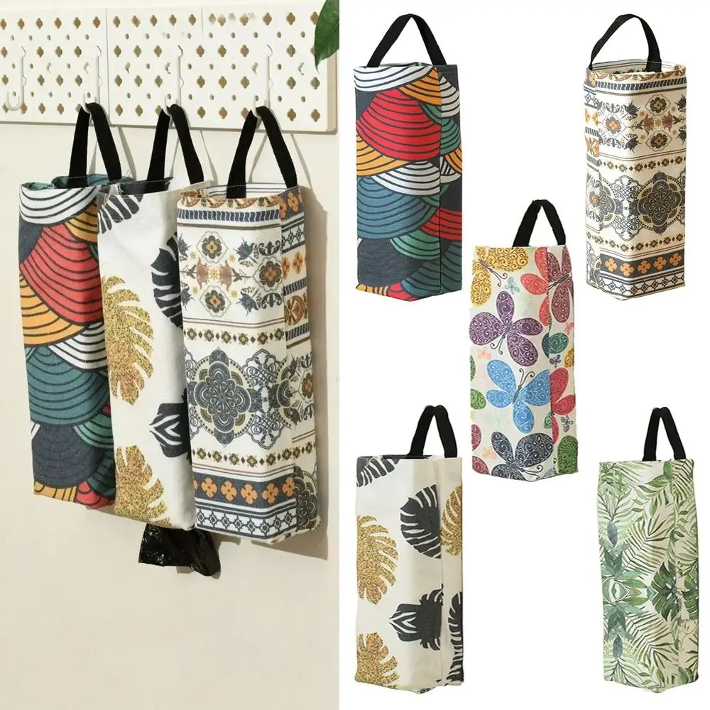 Printed Pattern Plastic Bag Holder Breathable Cloth Pull-out Trash Bags Holder Storage Dispensers Wall-mounted