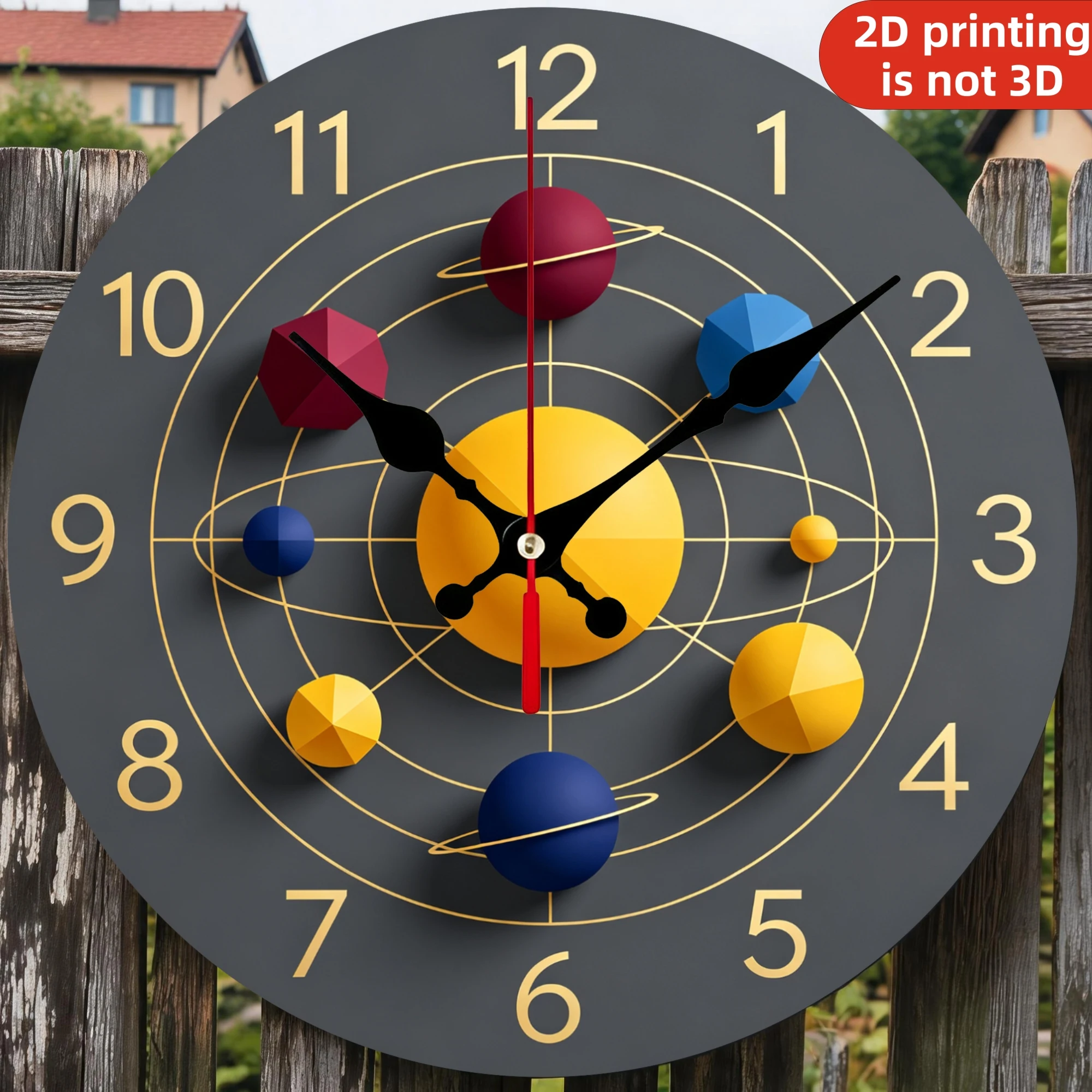 Solar System Planet Orbits Wooden Wall Clock, 10/12 Inch Round Wood Clock, Silent Non Ticking Quartz Movement, Modern Space Chart Science Printed Home Decor