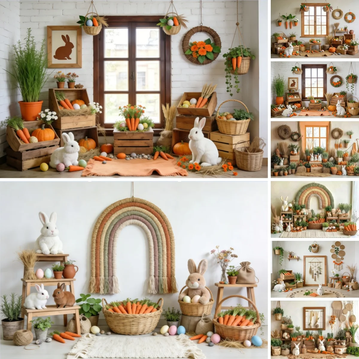 Spring Easter Photography Backdrop Bohemian Pampas Green Grass Carrots Eggs Rabbit Home Decor Kid Girl Portrait Photo Background