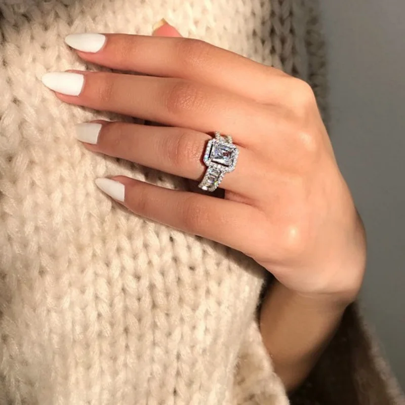 New Women's Silver Plated Stainless Steel Ring Cutting Square Cubic Zircon Ring Boutique Jewelry Wholesale Sizes 5-11