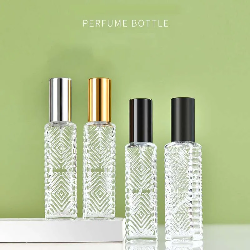 12ml Perfume Bottle Long Square Diamond Pattern Transparent Glass Spray Bottle Portable Cosmetic Sample Dispensing Empty Bottle