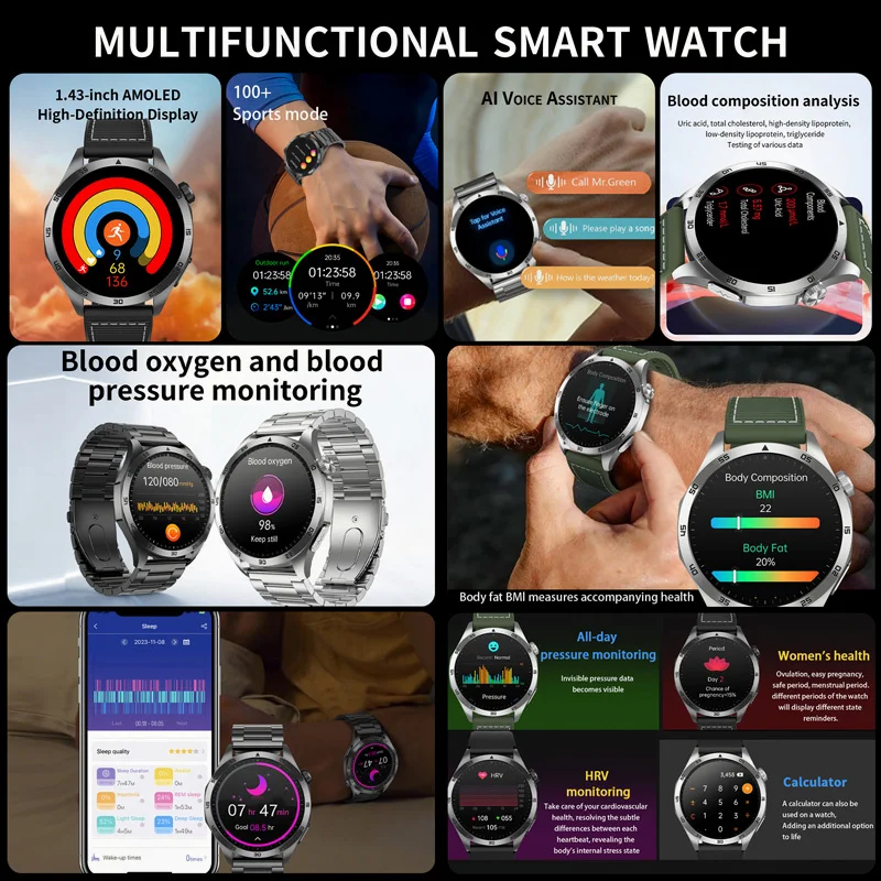 Relógio inteligente de glicose sanguínea para homens, Relógios ECG, Lipídios sanguíneos, Ácido úrico, Chamada Bluetooth, Smartwatch de saúde,