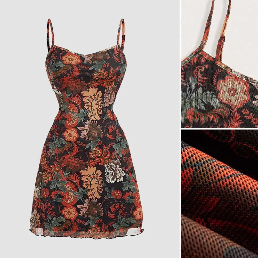 فساتين الخريف النسائية 2025 Hotsweet جرافيك طباعة بلا أكمام ساحة الرقبة فستان كامي صغير فليرتي انتفض هيم لقضاء عطلة المشاعر #1