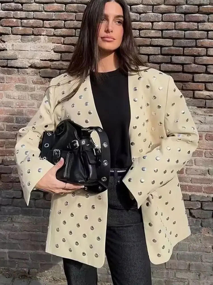 HH Female Autumn Street Fashion Rivet Decorative Loose Blazer Solid V-neck Long Sleeves With Pockets Vintage Causal Coats