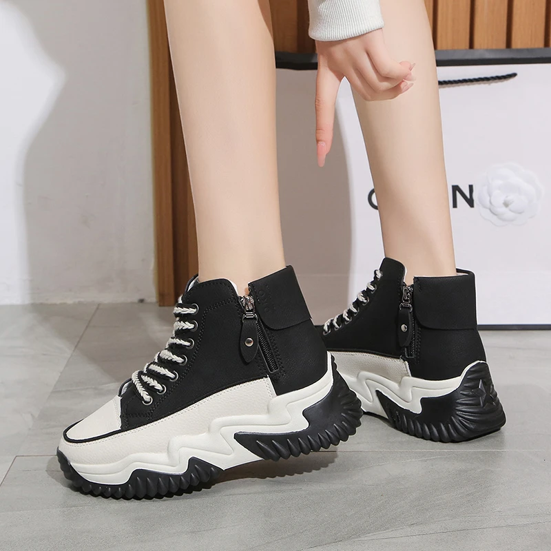 New 2024 Spring Autumn Vulcanized Shoes High Top Lace-up Casual Shoes Sports Women\'s Shoes Thick Soles Increase Shoes