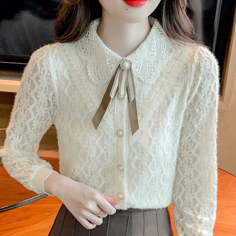 Women\'s Turn-down Collar Spring Autumn Gauze Pullover Bow Lace Pearl Button Long Sleeve T-shirt Undershirt Casual Elegant Tops