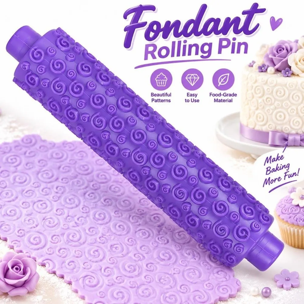 Exquisite PP Fondant Rolling Pin Short Handle Purple Embossing Roller Engraved Roller Cake Decorating
