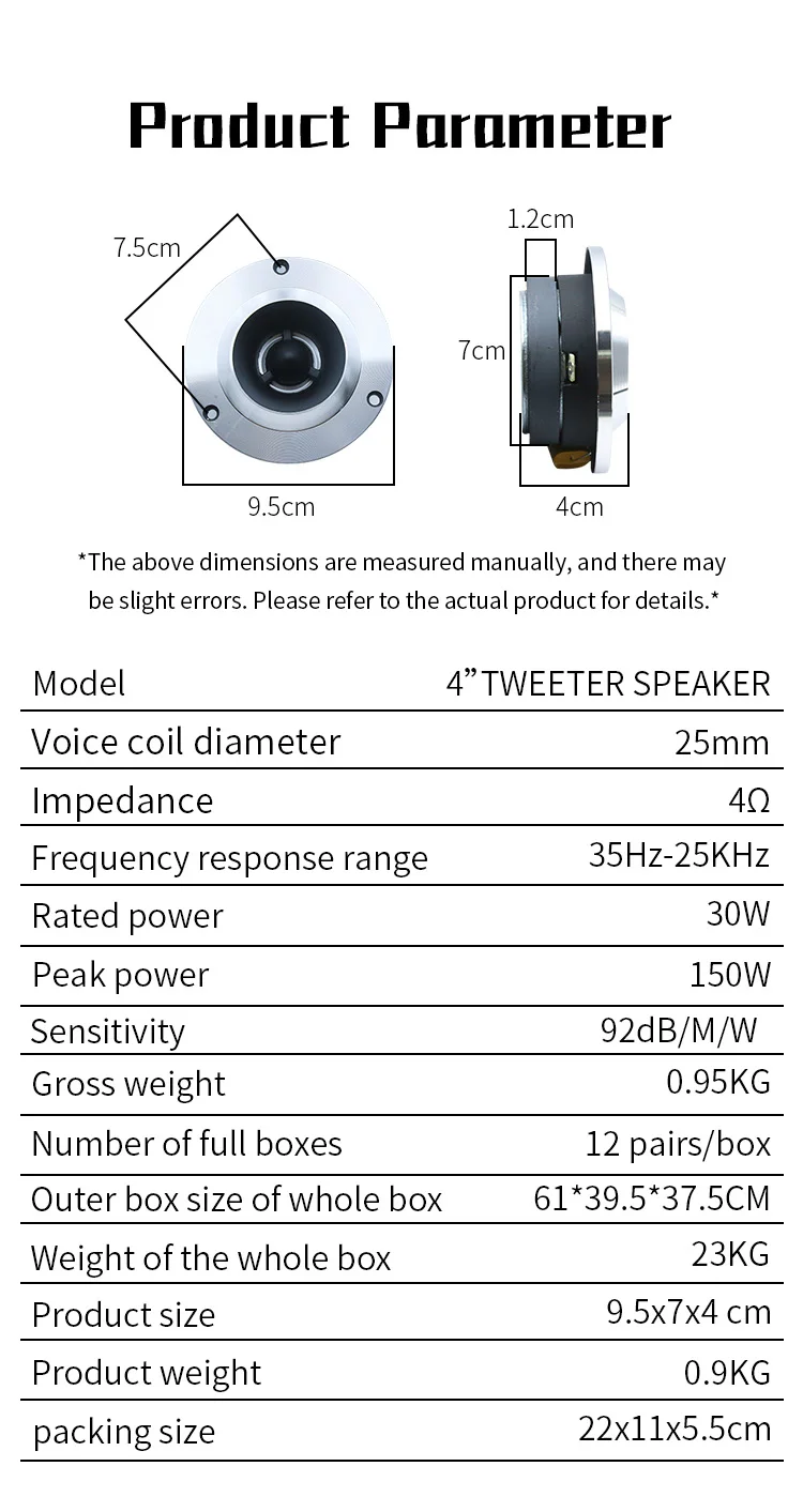 4 Inch RMS 30W MAX 150W Aluminum Tweeter Speaker Super Loud 4 Ohm 25mm-voice coil 35Hz-25kHz 92DB Bullet Tweeter for Car Audio