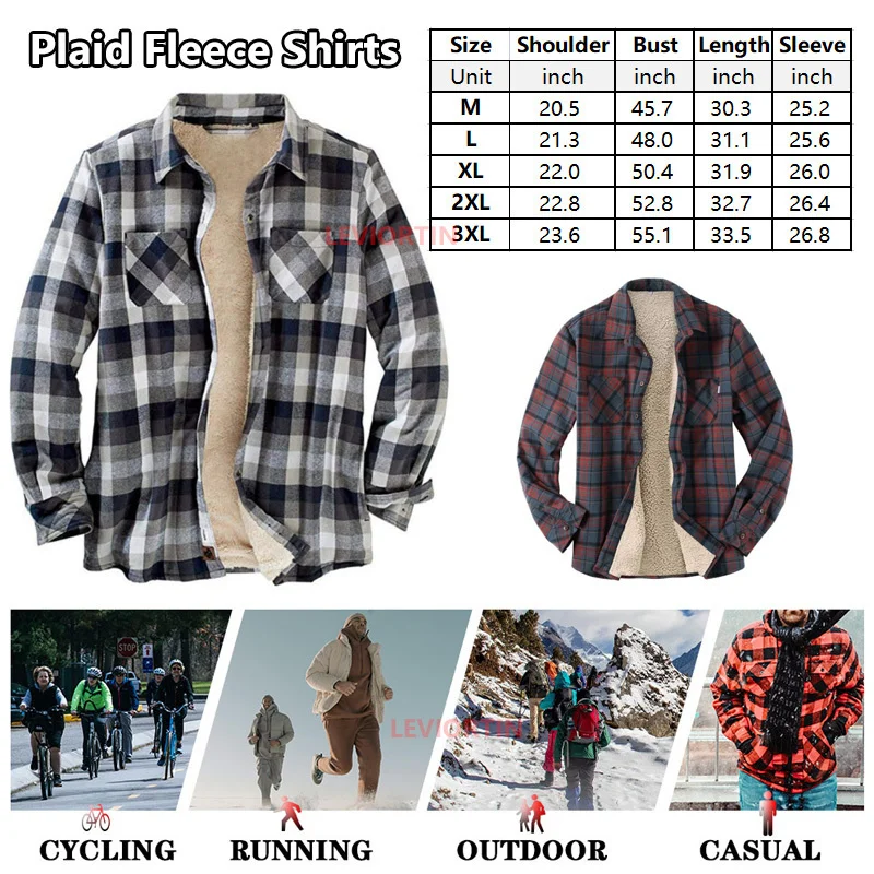 Men\'s Flannel Shirt Jacket Chest Pocket Fleece Lined Long Sleeve Button Down Shirts Jacket For Man Fall Winter Warm Clothing