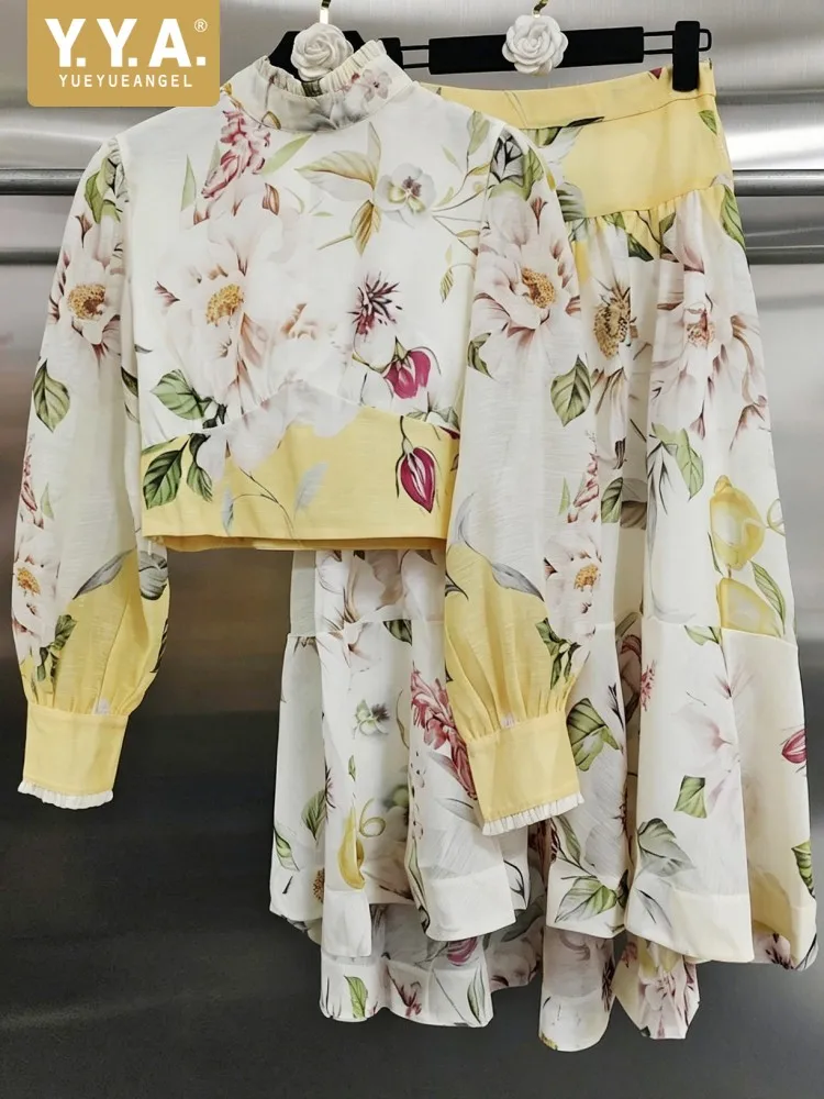 Elegant Ladies Long Sleeves Zipper Stand Collar Shirt Long Skirt Two Piece Set Sweet Printed Color Flowers Matching Sets