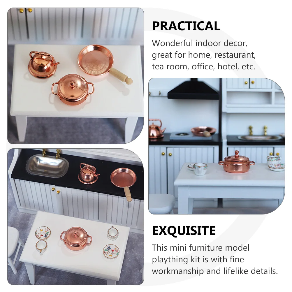ミニキッチンアクセサリー3点セット 合金製ミニケトル、スープポット、ソースパン ホームデコレーション 自宅 オフィス 茶室 模型用