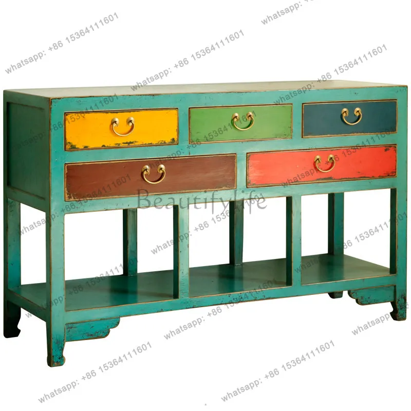 

Painted Chinese style old solid wood chest of drawers marble desktop side cabinet