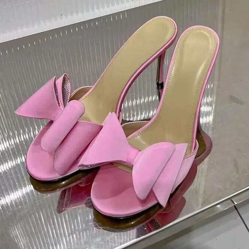 Summer New Open Toed Solid Color Thin Heel Slippers Women's Bow Knot Design Fashionable Sandalias Female Banquet Dress Shoes
