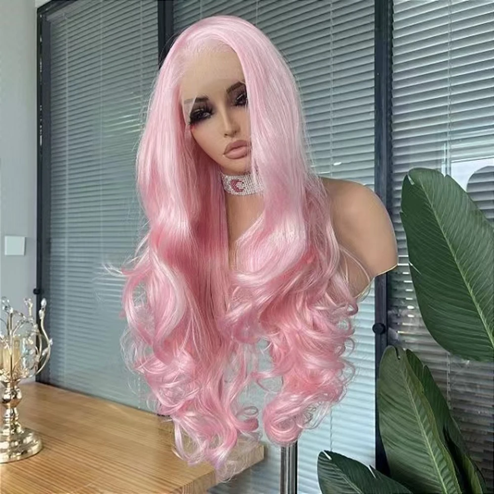 Wif Lange Body Wave Licht Roze Kleur Haar Pruik Lichaam Golvend Natuurlijk Haarlijn Roze Haar Hittebestendige Vezel Synthetische Kant Voorkant Pruiken