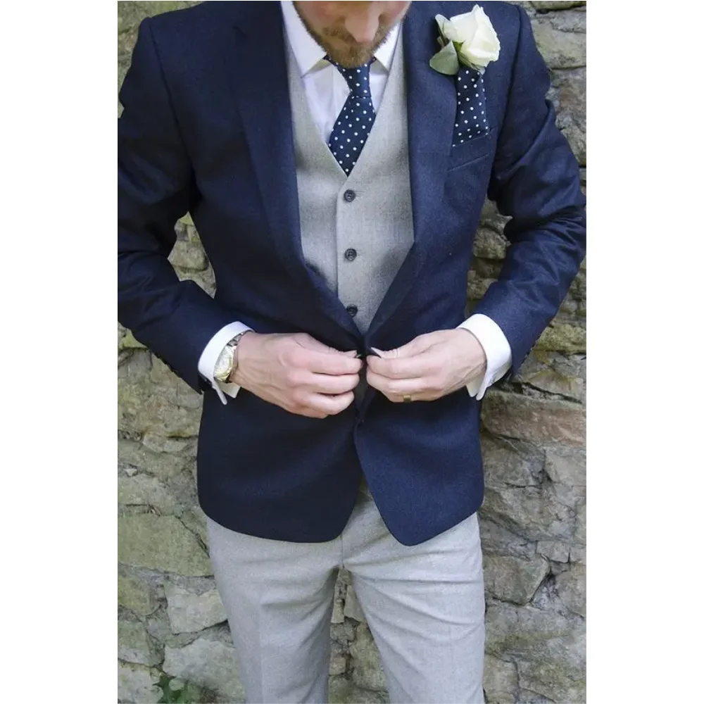 Navy Bule Men Suits Bespoke Fashion Terno Slim Fit Groom Bestmen Wedding Blazer Ropa Hombres(Jacket+Pant+Handkerchiefs+Vest+Tie)