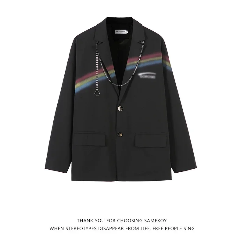 Streetwear Fashion Rainbow Print Mens Blazer Jacket 2023 Party Singer Chain Desgin Loose Vintage Suit Blazer for Men and Women