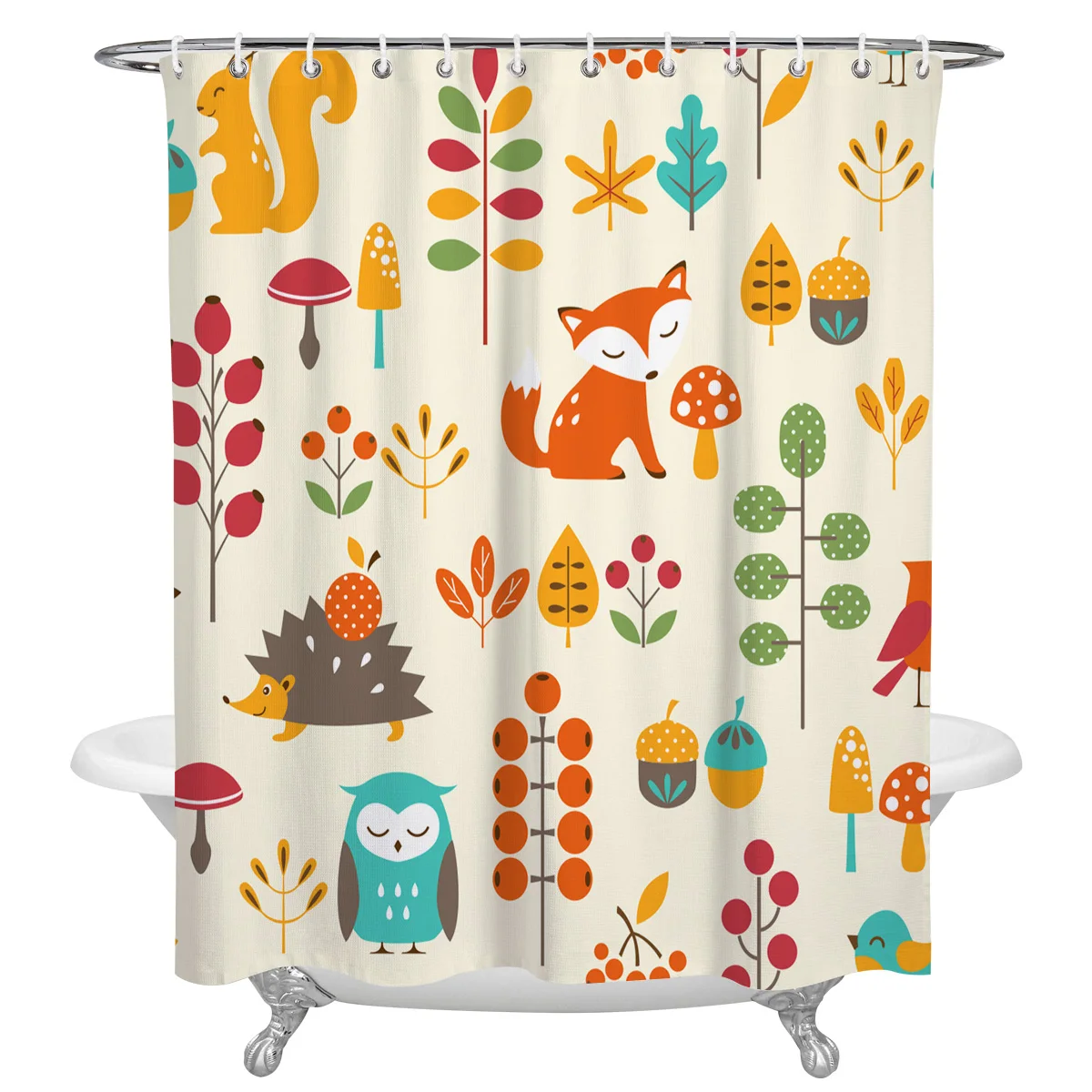 Cartoon Autumn Forest Animals Hedgehog Fox Owl Waterproof Shower Curtain With Hook Bath Curtains Bathroom Decoration Accessories