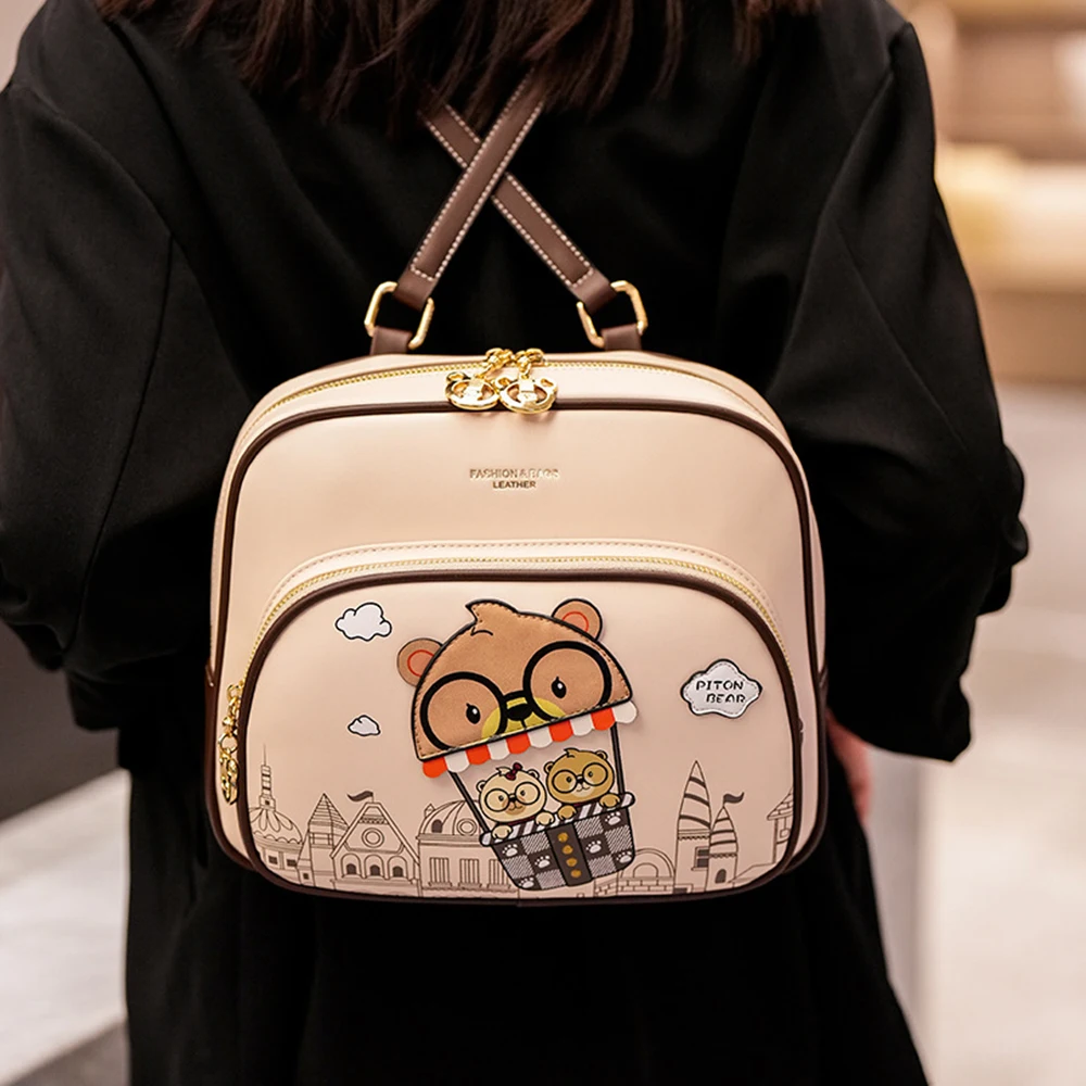 

Beibaobao 2025 New Versatile Large Capacity Multifunctional Women's Backpack Cartoon Glasses Bear Casual Shoulder Bag Handbag